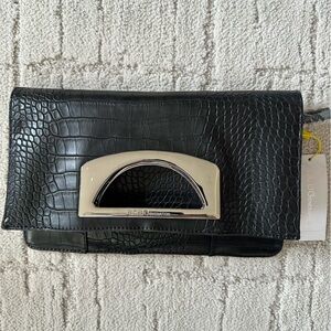 NWT BCBG Black Croc Embossed Clutch with Silver Handle